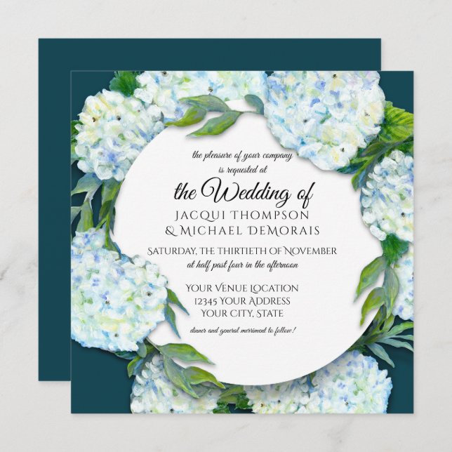Summer Wedding White Hydrangea Floral Peacock Blue Invitation (Front/Back)
