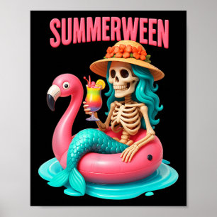 Summer-ween Mermaid Skeleton Flamingo Halloween Be Poster