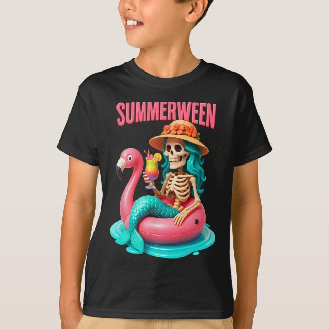 Summer-ween Mermaid Skeleton Flamingo Halloween Be T-Shirt (Front)