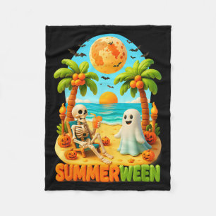 Summer-ween Skeleton Ghost Beach Palm Halloween Fleece Blanket