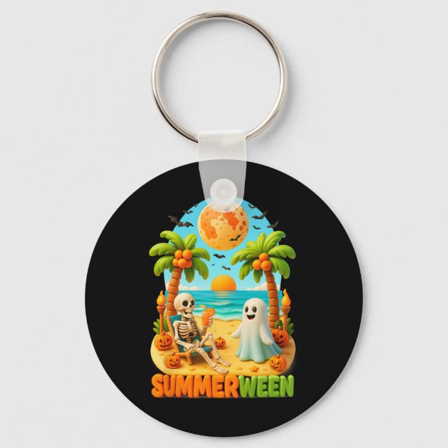 Summer-ween Skeleton Ghost Beach Palm Halloween Su Key Ring (Front)