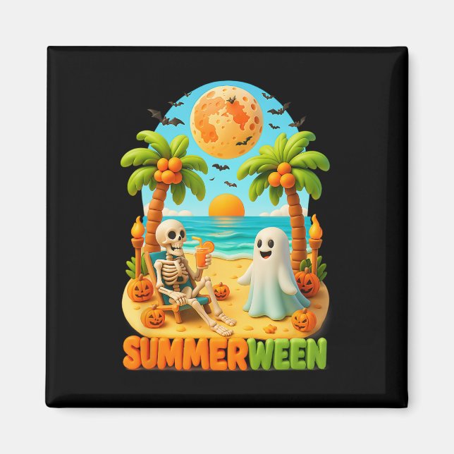 Summer-ween Skeleton Ghost Beach Palm Halloween Su Magnet (Front)