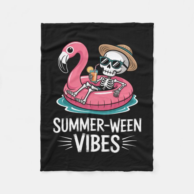 Summer-ween Vibes Skeleton Floating Flamingo Drink Fleece Blanket (Front)
