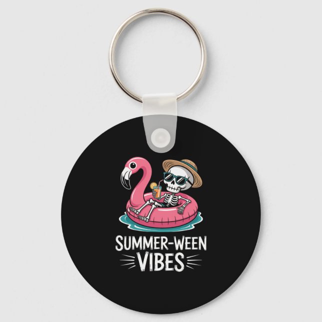 Summer-ween Vibes Skeleton Floating Flamingo Drink Key Ring (Front)