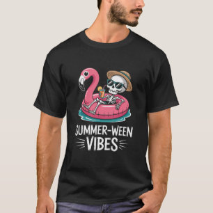 Summer-ween Vibes Skeleton Floating Flamingo Drink T-Shirt