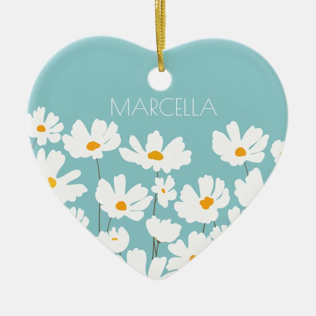 Summer White Cosmos Flowers Custom Name Ceramic Tree Decoration (Front)