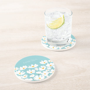 Summer White Cosmos Flowers Custom Name Coaster