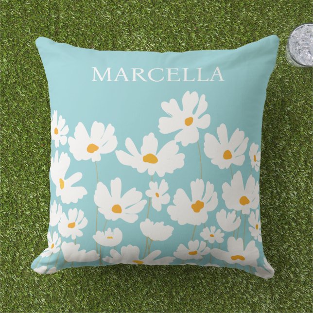 Summer White Cosmos Flowers Custom Name  Cushion (Grass)