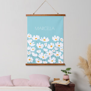 Summer White Cosmos Flowers Custom Name  Hanging Tapestry