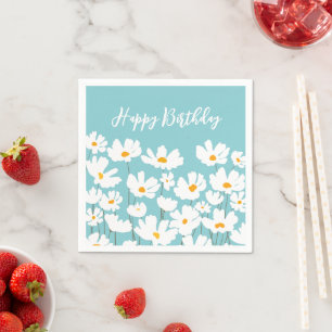 Summer White Cosmos Flowers Happy Birthday  Napkin