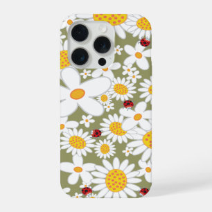 Summer White Daisies and Red Ladybugs On Brown iPhone 15 Pro Case