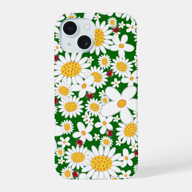 Summer White Daisies and Whimsical Red Ladybugs iPhone 15 Case (Back)