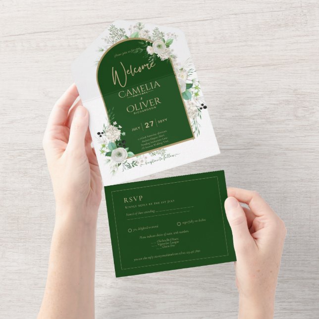Summer White Roses Emerald Green Arch Wedding All In One Invitation (Tearaway)