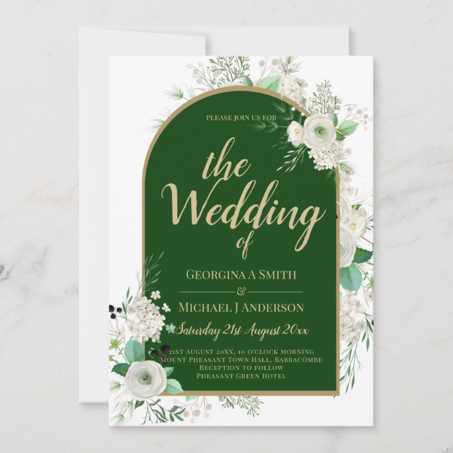 Summer White Roses Emerald Green Arch Wedding Invitation (Front)