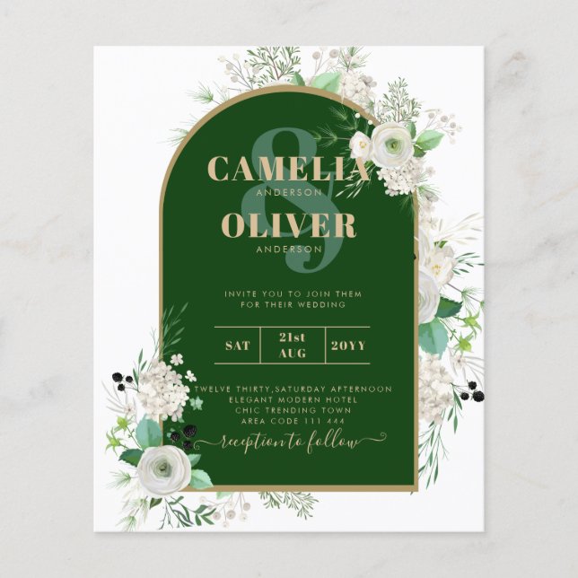 Summer White Roses Emerald Greenery Wedding Flyer (Front)