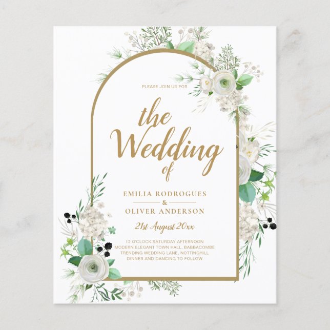 Summer White Roses Emerald Greenery Wedding Flyer (Front)