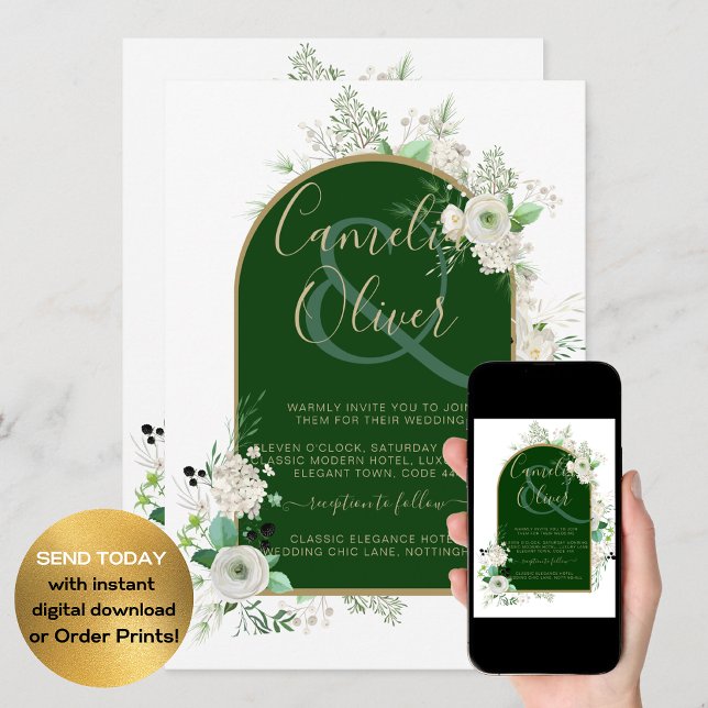 Summer White Roses Emerald Greenery Wedding Invitation (Creator Uploaded)