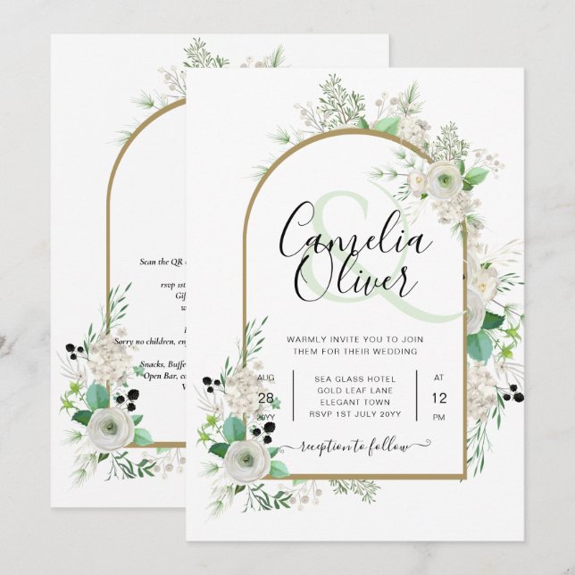 Summer White Roses Emerald Greenery Wedding Invitation (Front/Back)