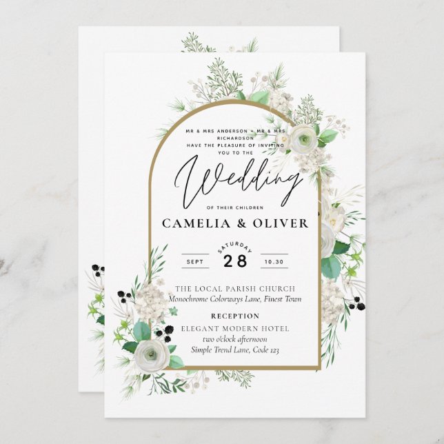 Summer White Roses Emerald Sage Greenery WEDDING Invitation (Front/Back)