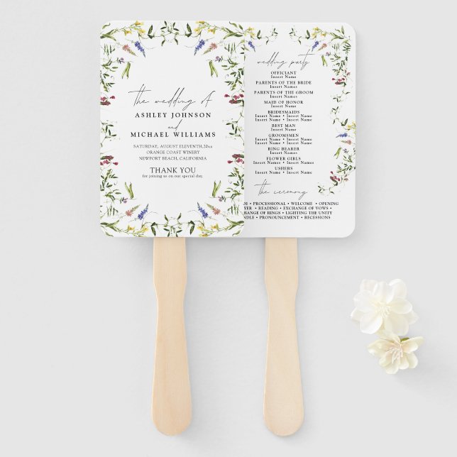 Summer Wildflower Calligraphy Wedding Program Hand Fan (Front and Back)
