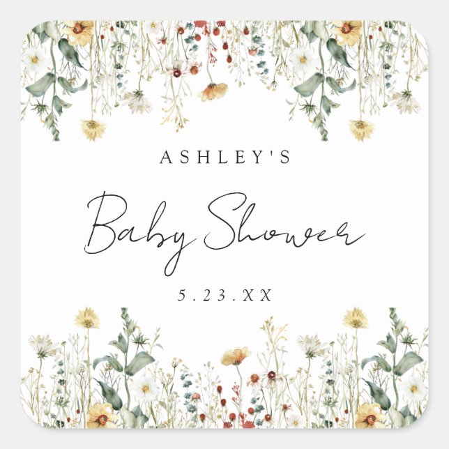 Summer Wildflower Field Baby Shower Square Sticker (Front)