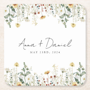 Summer Wildflower Field Wedding Square Paper Coaster