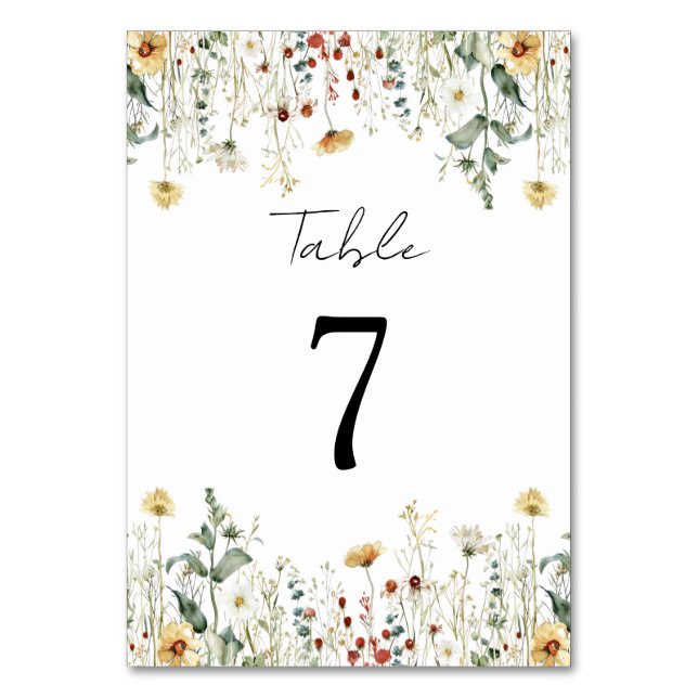 Summer Wildflower Field Wedding Table Number (Front)