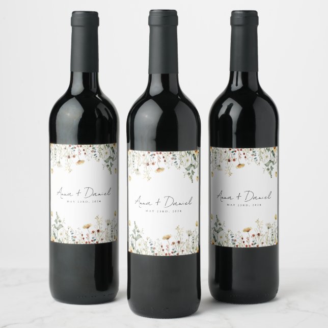 Summer Wildflower Field Wedding Wine Label (Bottles)