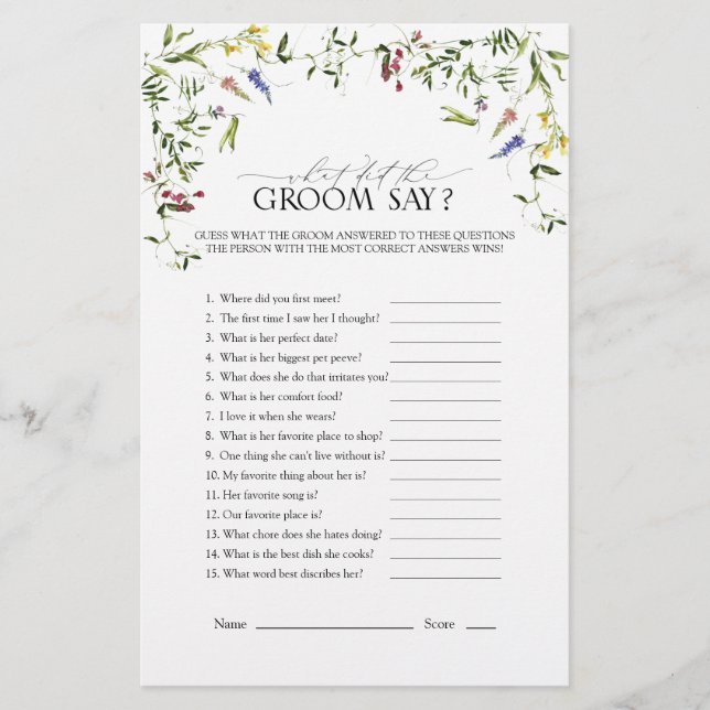 Summer Wildflower Floral Bridal Shower Game (Front)