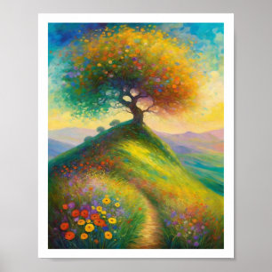 Summer Wildflower Hill Tree 8x10 Art Print