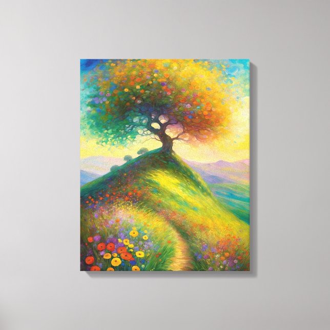 Summer Wildflower Hill Tree Painting Canvas Print (Front)