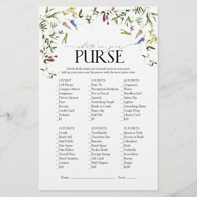 Summer Wildflower Watercolor Bridal Shower Game (Front)