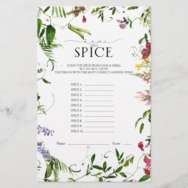 Summer Wildflower Watercolor Bridal Shower Game (Front)