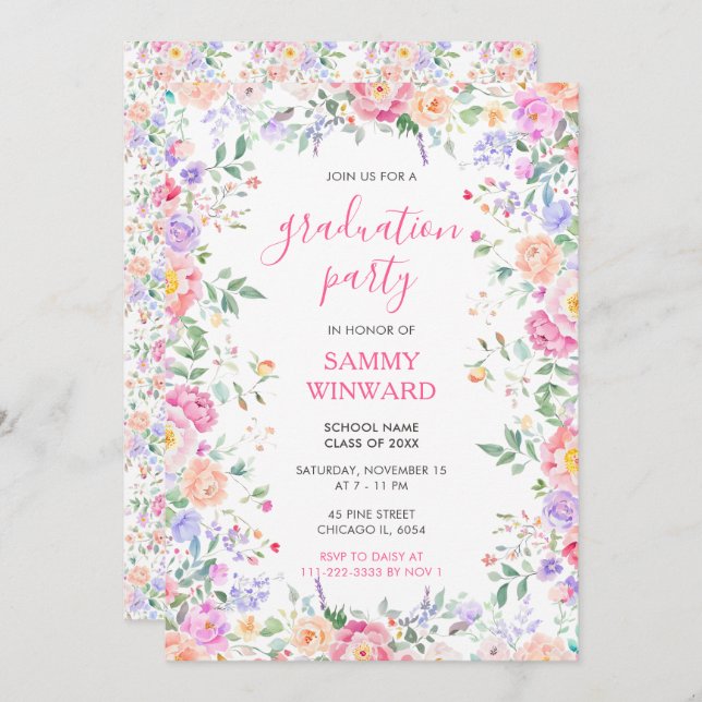 Summer Wildflowers Floral Graduation Party Invitation (Front/Back)
