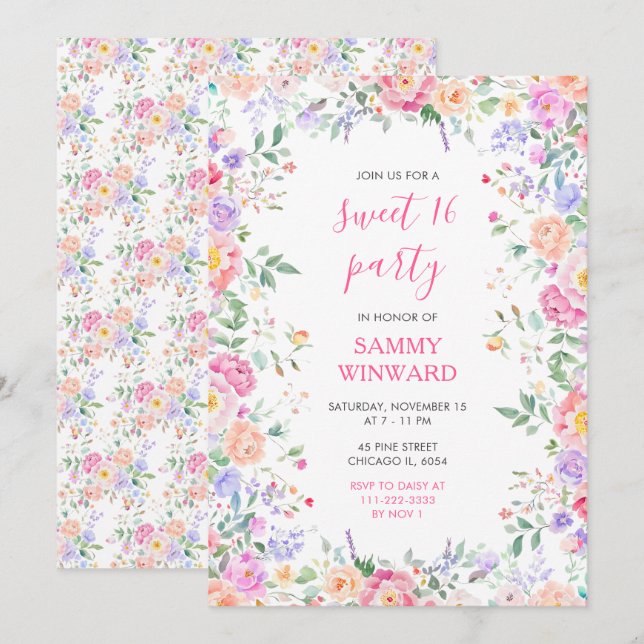 Summer Wildflowers Floral Sweet Sixteen Invitation (Front/Back)