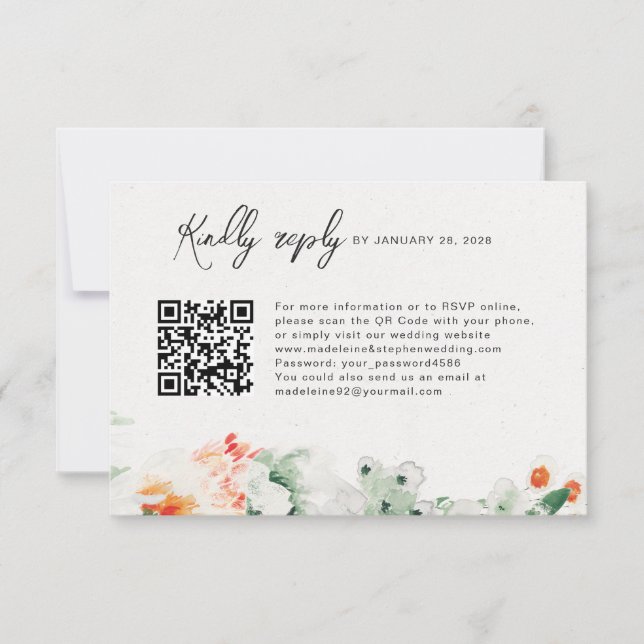 Summer Wildflowers green & orange QR Code online RSVP Card (Front)