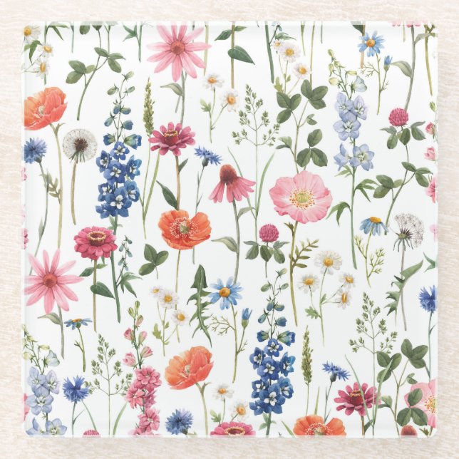 Summer wildflowers, watercolor seamless pattern. glass coaster (Front)