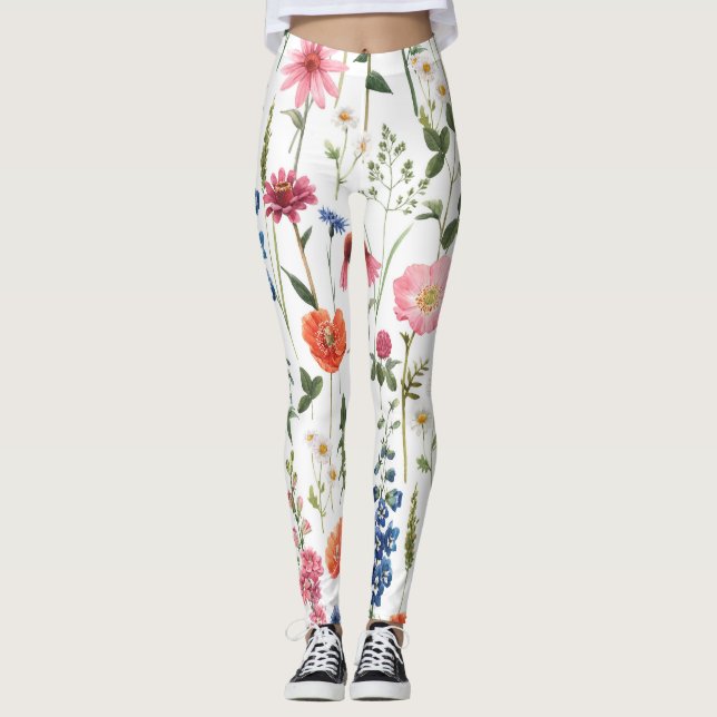 Summer wildflowers, watercolor seamless pattern. leggings (Front)