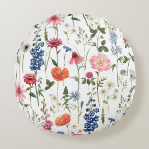 Summer wildflowers, watercolor seamless pattern. round cushion