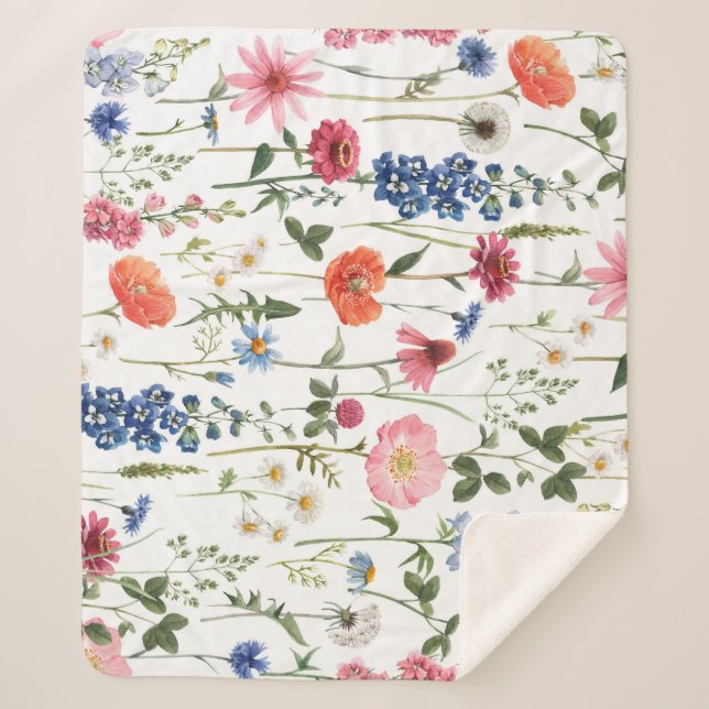 Summer wildflowers, watercolor seamless pattern. sherpa blanket (Front)