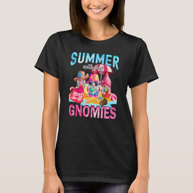 Summer With My Gnomies Cute Garden Gnomes Family V T-Shirt (Front)