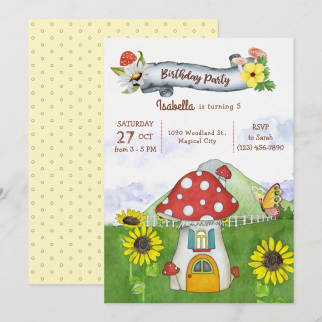 Summer Woodland Mushroom House Whimsical Birthday Invitation (Front/Back)