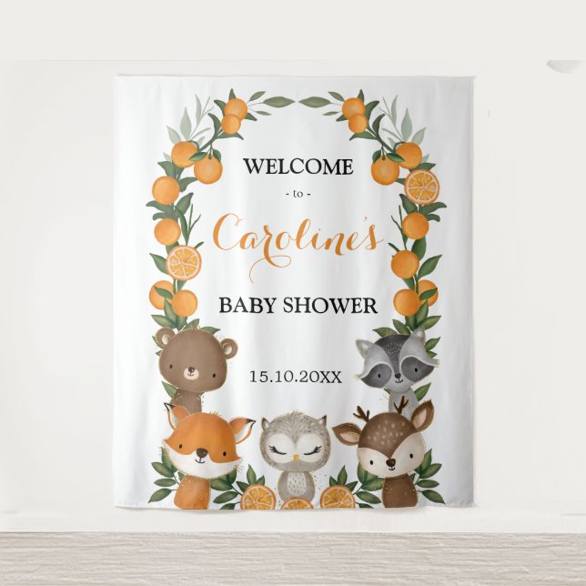Summer Woodland Orange Citrus Baby Shower Welcome Tapestry (Front)