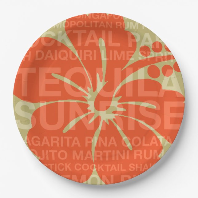 Summer Words Cocktails and Hibiscus Paper Plate (Front)