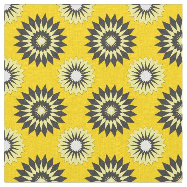 Summer yellow and black geometric flower pattern fabric (Close Up)
