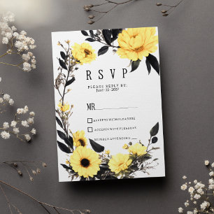 Summer yellow dark grey daisy floral RSVP Invitation