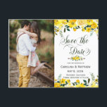 Summer yellow floral wedding photo save the date announcement postcard<br><div class="desc">Elegant, yellow rose floral script Photo Save the Date Postcard. This modern, botanical, watercolor design with beautiful watercolor yellow rose garden flower arrangement and green leaves. Feature an elegant hand lettered swirly typography design with the text „Save the Date” and one (1) vertical photo. erfect choise for romantic spring and...</div>