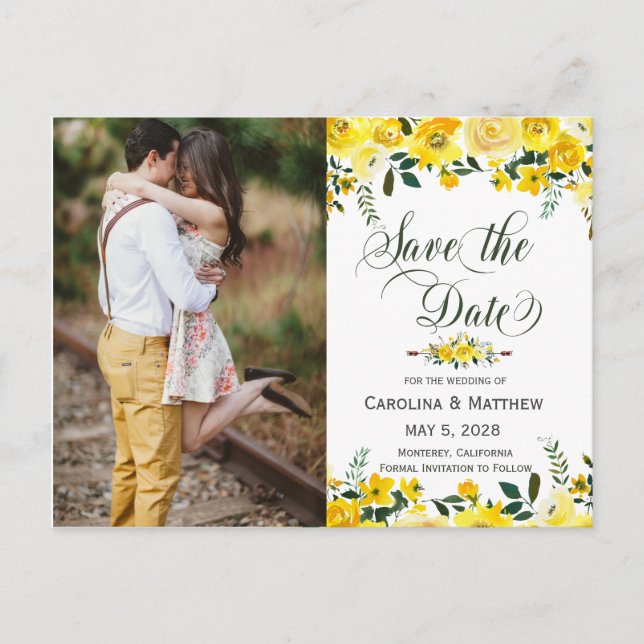 Summer yellow floral wedding photo save the date announcement postcard (Front)