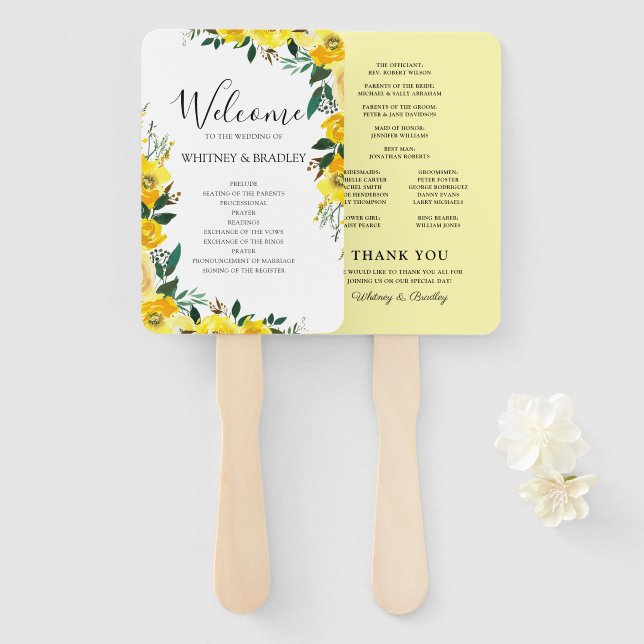 Summer Yellow Floral Wedding Program Hand Fan (Front and Back)