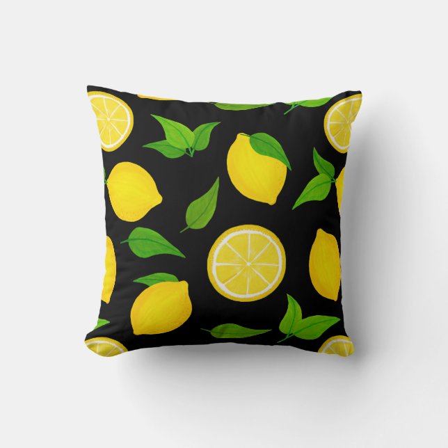 Summer Yellow Lemons Pattern on Black Cushion (Front)